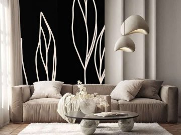 papier peint feuillage dEbene situation dans un salon avec un canape confortable et une table basse aux formes arrondies