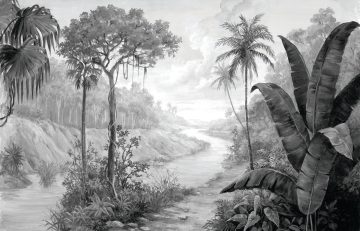 papier peint paraiso blanco motif de foret tropical noir et blanc