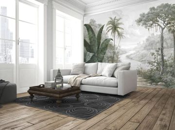 papier peint paraiso verde situation dans un salon dans les tons gris et le vert du papier peint