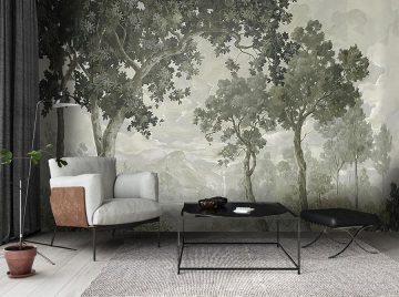 papier peint provence est un paysage de foret ombrage situation dans un salon avec fauteuil et table basse