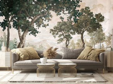 papier peint provence ambree est un paysage de foret situation dans un salon avec canape gris et table basse