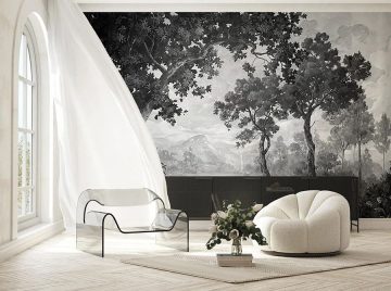 papier peint provence vintage situation dans un salon moderne avec fauteuil et voilage blanc