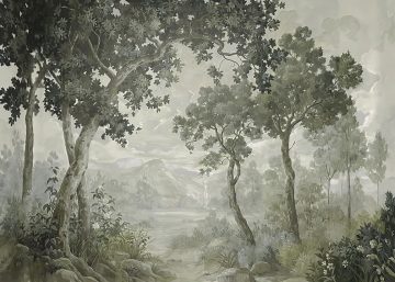 papier peint provence motif de paysage de foret ombrage dans les tons de vert et gris